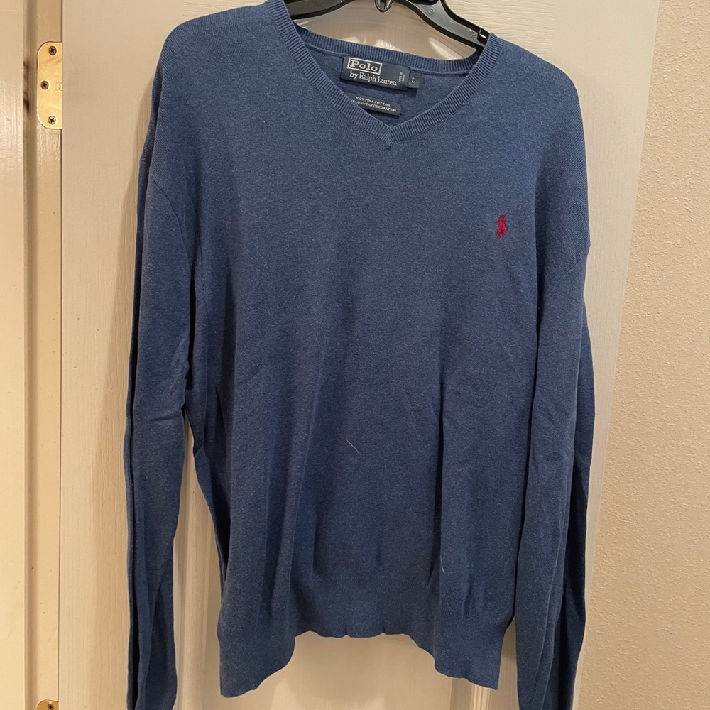 Ralph Lauren Blue V-Neck Sweater Classic Knit